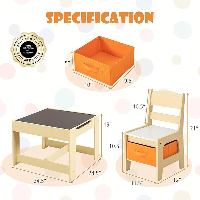 HONEY JOY Kids Table and Chairs, 3-in-1 Children Wooden Activity Set with Storage, Detachable Tabletop, for Art, Craft, Drawing, Reading, Gift for Toddlers Boys Girls 3-7 Years Old (Natural)