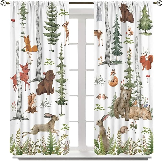 Animal Kids Curtains, Woodland Squirrel Rabbit Bear Animal Friends Forest Curtains for Boys and Girls Bedroom Living Room Kitchen 72x63in