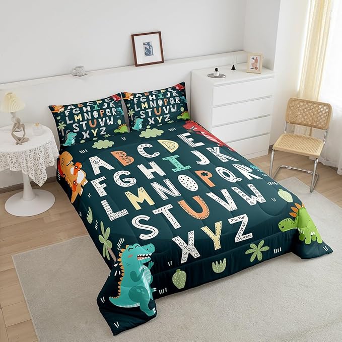 Alphabet Kids ABC Learning Bedding Set Full Size, Cartoon Dino Comforter Kids Educational Nursery Art Comforter Set for Boys Girls Jungle Dino Duvet Set Durable Bed Set 3Pcs