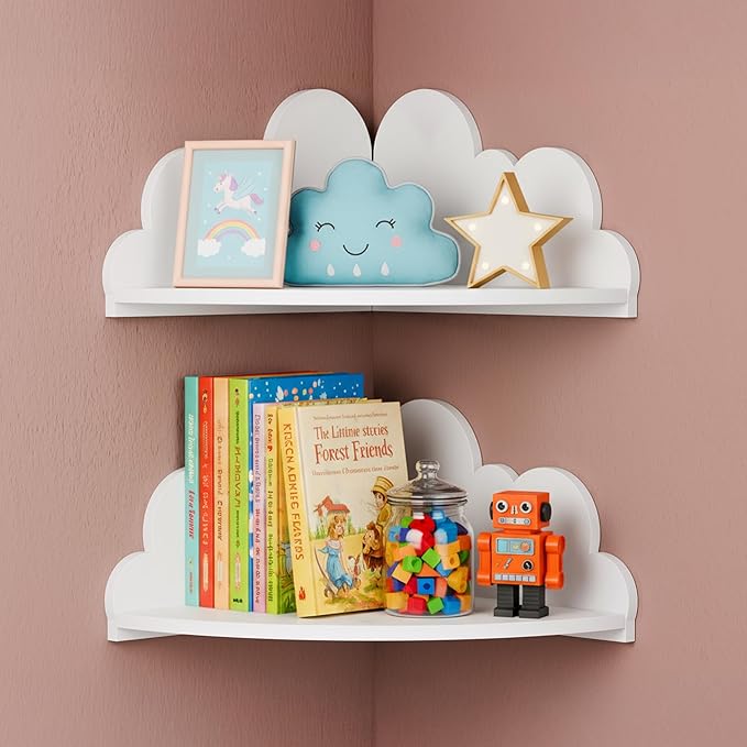 Cute Cloud Floating Corner Shelves - 2-Tier Cloud Corner Shelf Wall Mounted for Kid’s Room, Nursery Wall Decor, Small Cute Display Shelves for Toys, Plants & Storage