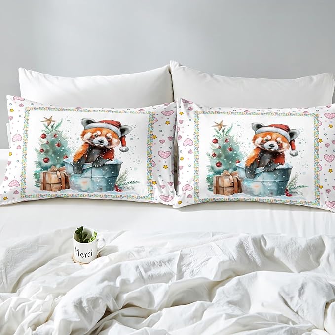 Feelyou Christmas Duvet Cover Set Xmas Tree Bedding Set for Kids Boys Girls Red Panda Love Print Comforter Cover Cute Animal Quilt Cover Room 3Pcs King Size,Zipper,No Comforter