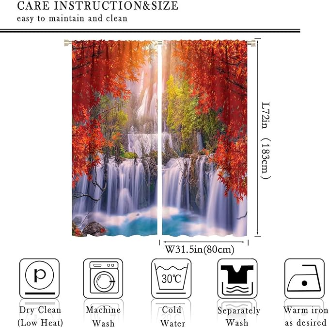 Forest Waterfall Blackout Windows Curtains, Autumn Red Green Maple Leaves Jungle Rainforest Natural Scenery Landscape Curtains, for Living Room Bedroom 63x72in 2 Panels