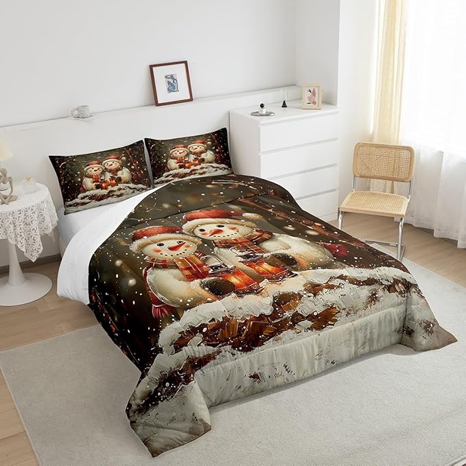 Manfei Kawaii Snowman Kids Comforter Set Twin Size,Dead Tree Winter Snow Romantic Bedding Set,Boys Girls Room Decor,Merry Christmas Down Comforter,Black White Duvet Insert,1 Pillowcase