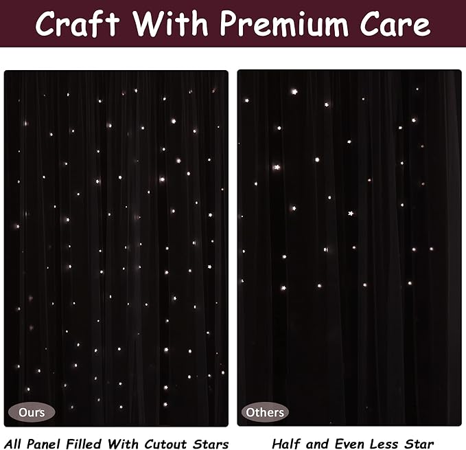 Kinryb Kids Blackout Curtains for Bedroom/Living Room/Classroom, Sheer Overlay 2 Free Tiebacks, Double Layer Curtains with Star Cutout for Kids Room(Each Piece W 70 x L 72 Inches 2 Pcs Red)