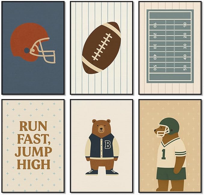 Football Poster Canvas, Baby Boy Sports Nursery Wall Art, Animal Bear Athletes Pictures, Run Fast Jump High Charming Quote Print, Kids Bedroom Soccer Equipment & Field Decor 12x16in Unframed