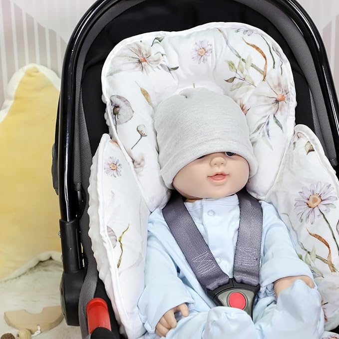 2 in 1 Infant Car Seat Insert, Car Seat Head Support Baby Girls Boys, Soft Newborn Carseat Insert Cushion, Perfect for Carseats, Strollers, Swings (White Flower)