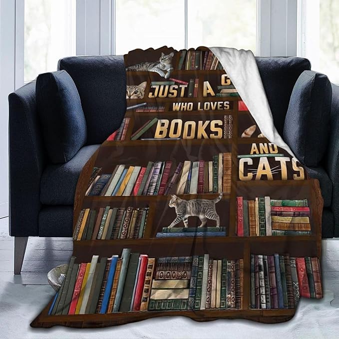 Cute Cat Blanket Just a Girl Who Loves Books and Cats Throw Blankets for Kids Teens Adults Warm Soft Lightweight Plush Funny Animal Print Fleece Flannel Throws Bedding Reading Gifts for Girls 80"x60"