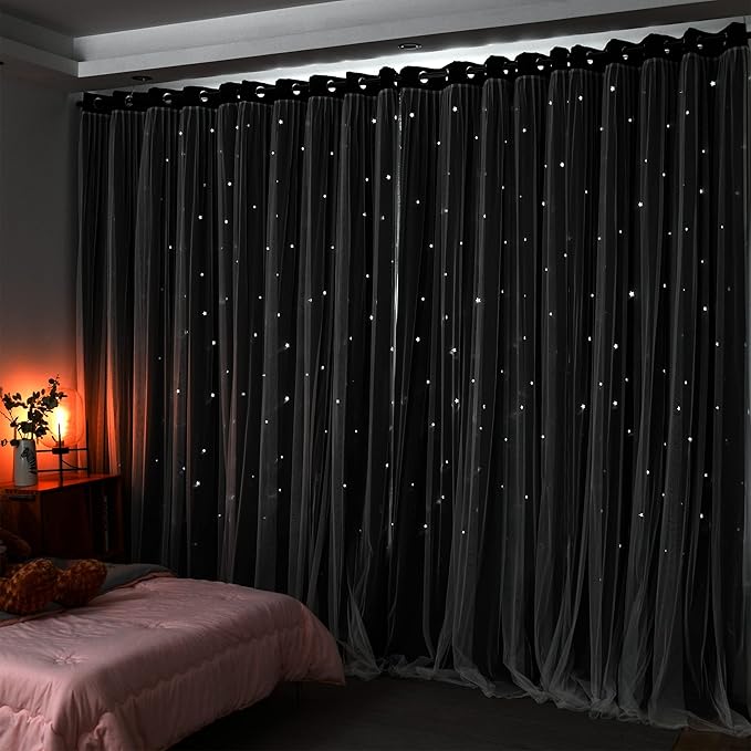 Kinryb Kids Blackout Curtains for Bedroom/Living Room/Classroom, Sheer Overlay 2 Free Tiebacks, Double Layer Curtains with Star Cutout for Kids Room(Each Piece W 70 x L 95 Inches 2 Pcs Black)