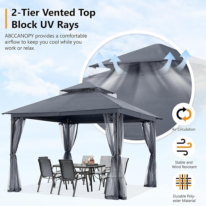 ABCCANOPY Outdoor Patio Gazebo 11x13 - Double Roof Canopy with Mosquito Netting for Backyard, Deck, Garden, Lawn, Dark Gray