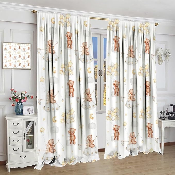 Cartoon Bear Curtains, Cute Lovely Bear Star Cloud Ballon Pastel Blackout Window Treatments, Rod Pocket Thermal Insulated Drapes 2 Panel Sets for Kids Bedroom Nursery Classroom, 84" W X 84" L