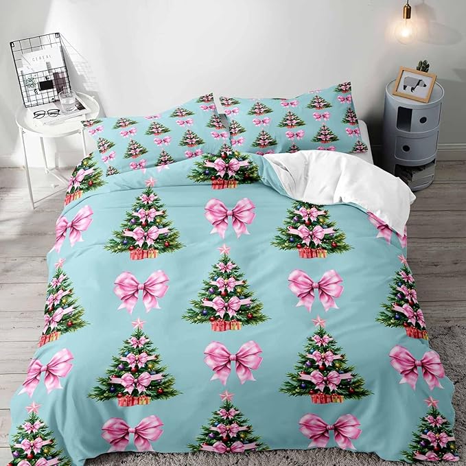 LUVIVIHOME 3PCS Pink Bow Christmas Tree Duvet Cover Queen Bedding Set, Teen Girl Bedding, Blue Duvet Cover, Winter Holiday Kids Christmas Comforter Cover, Coquette Room Decor Aesthetic, 2 Pillow Cases