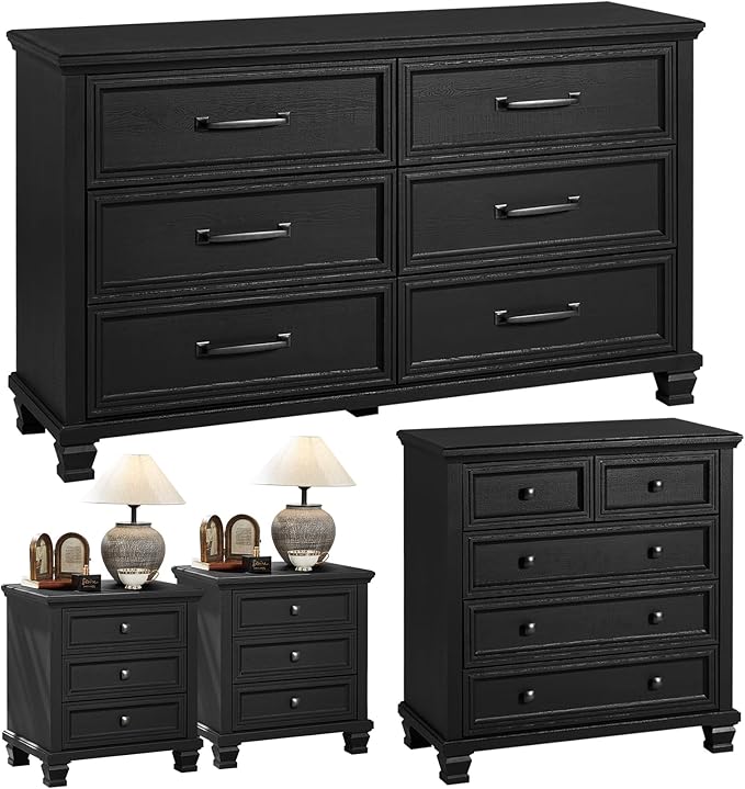 Farmhouse Black Bedroom Sets of 4, Includes 6 Drawer Large Dresser, Vintage Night Stand with 3 Drawers, Small 5 Chest of Drawers, Wood Rustic Dresser & Nightstand Set for Bedroom, Home