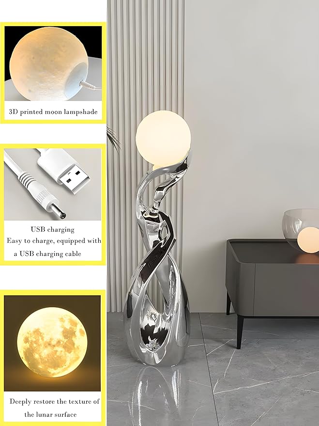 Bofea-Modern Floor Lamps for Living Room,Funky Lamp,Modern Silver Floor Lamp with 3D Moon Lamp,4 Different Light Colors Led Standing Lamps for Living Room Bed Room Office