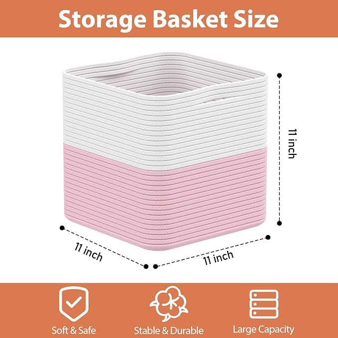Storage Cotton Cubes 11 Inch, Woven Cotton Rope Storage Baskets for Toys Blanket Organizing, Storage Bins Decorative Organizer with Handles for Living Room Laundry Room Closet (3 Pack, Pink)