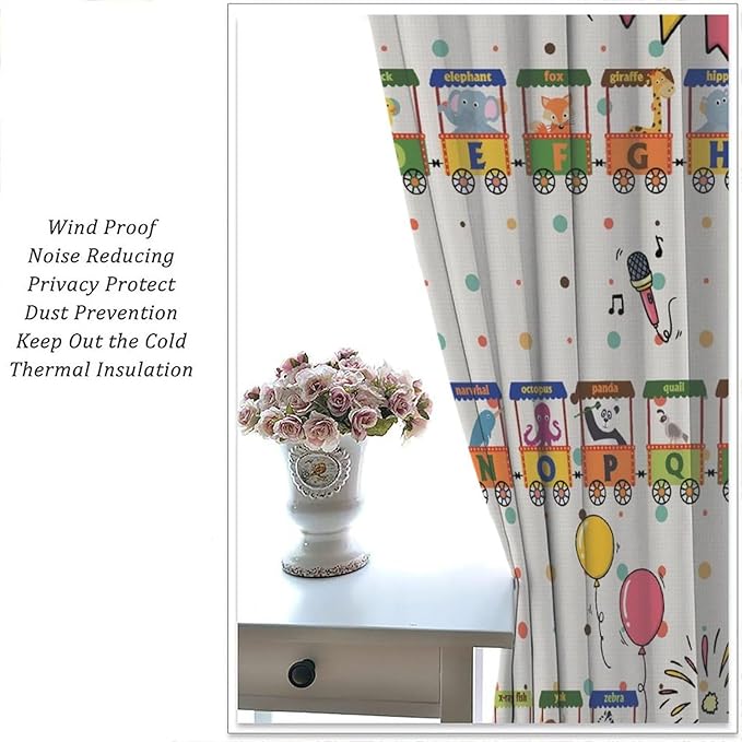 Alphabet Train Kids Curtain Animals Alphabet Children Teens Early Learning Printed Rod Pocket Blackout Window Treatments for Classroom Bedroom Nursery Playroom 63" W X 63" L