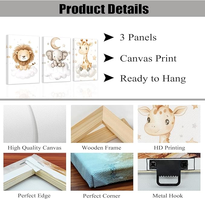 DOARTDO Nursery Animal Canvas Wall Art Baby Animal Pictures 3 Pieces Cute Elephant Lion Giraffe Print Painting Kids Room Nursery Decor Frame (24x36inchx3Pcs)