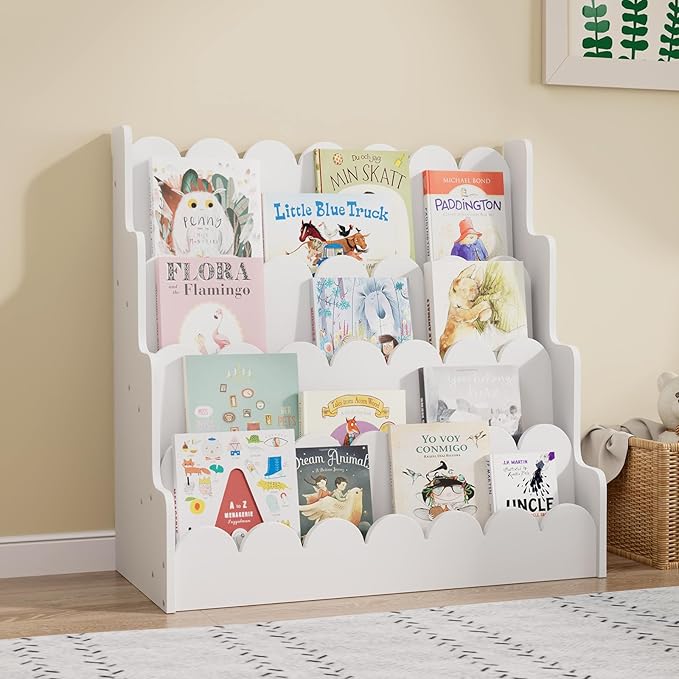 4 Tier Scalloped Kids Bookshelf Natural Wood Toddler Book Rack Nursery Bookcase Playroom Coloring Book Magazine Display Storage Shelf Organizer Classroom Library Homeschooling (White)