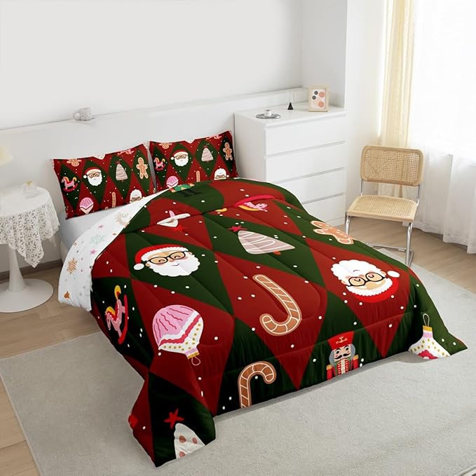 Feelyou Merry Christmas Bedding Set Soft for Boys Girls, Santa Claus Comforter Set Toddler Size Xmas Tree Nutcracker Soldier Duvet Quilt Gingerbread Man Bedroom Decor 2 Pcs with 1 Pillow Cases