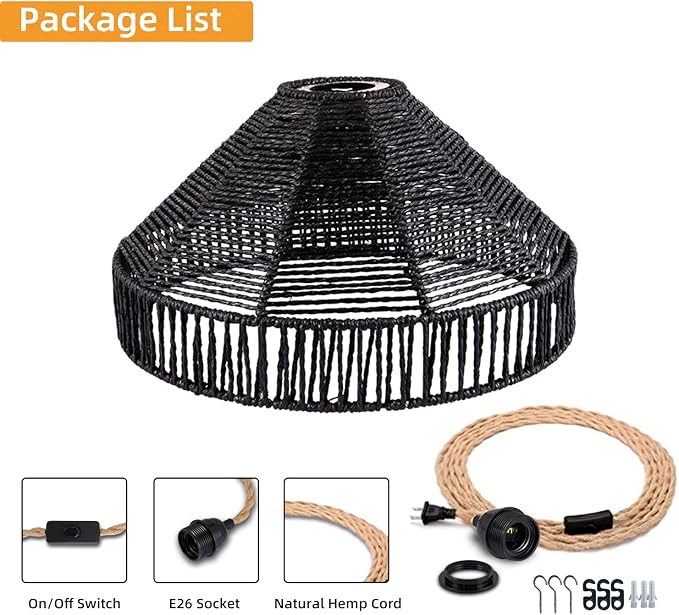 Plug in Pendant Light Rattan Hanging Lamp with On/Off Switch 15 Ft Hemp Rope Modern Woven Pendant Light Fixtures 12" Handwoven Rattan Basket Shade Boho