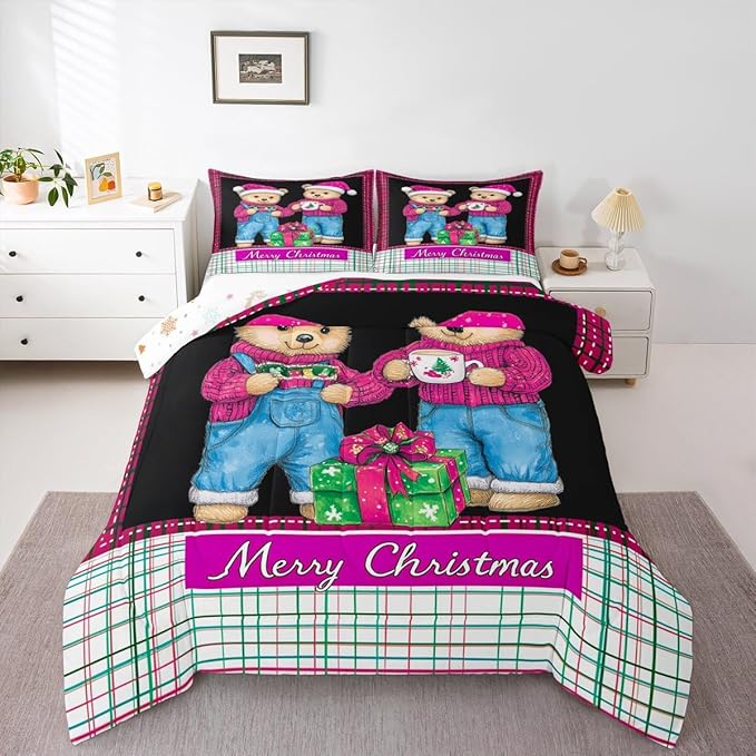 Feelyou Merry Christmas Kids Comforter Set Queen Size Cute Bear Bedding Set Duvet Quilt for Kids Boys Girls Bedroom Winter Decor Microfiber Ultra Soft Breathable