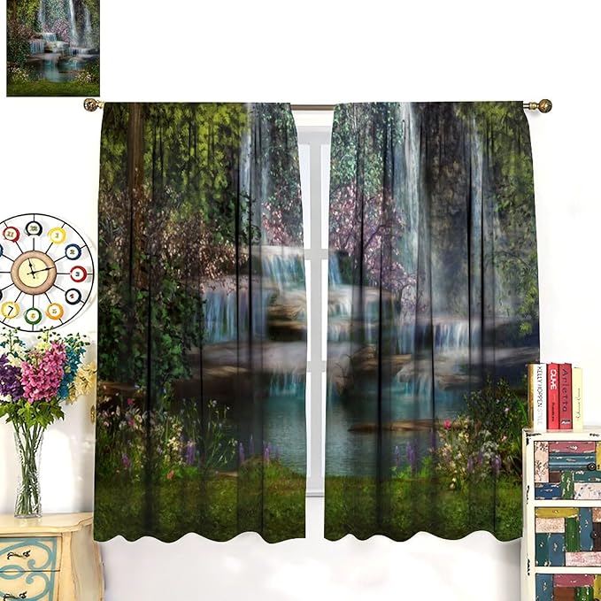 Natural Waterfall Blackout Window Curtains, Waterfalls Flowers Trees Landscape Window Drapes, for Living Room Bedroom 42" W X 45" L