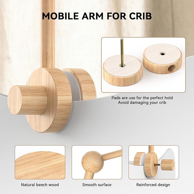 FEISIKE Crib Mobile Arm, Natural Beech Wooden Mobile Arm for Crib, Baby Mobile Hanger for Girls Boys Baby Nursery Decor 33.86 inch