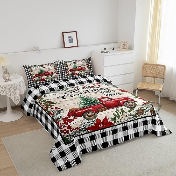 Manfei Red Truck Comforter Set Full Size, Christmas Theme New Year Quilt Set with 2 Pillowcases, Grey Plaid Print Bedding Set 3pcs for Kids Boys Girls Bedroom Decor