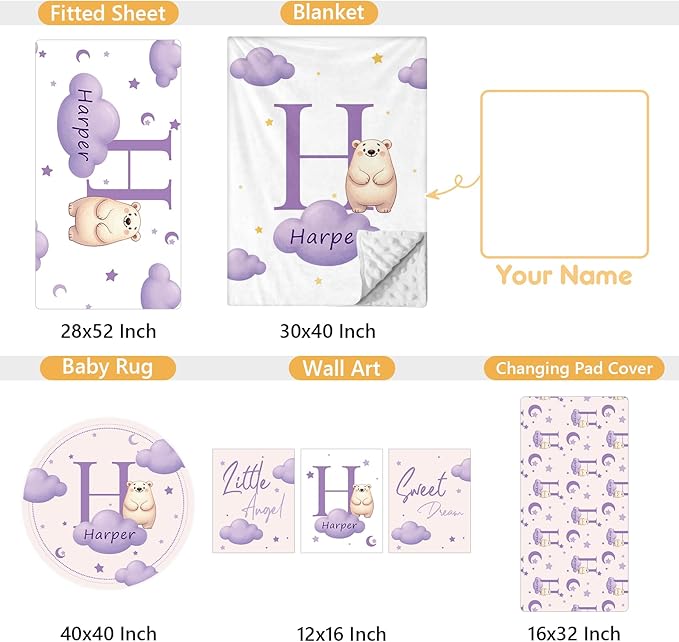 Custom Crib Bedding Set, 5 Pcs Personalized Nursery Bedding Sets with Name, Infant Bedding Set for Baby Girl Boy, Purple Polar Bear Double Layer Baby Crib Set, Toddlers Babies Customized Gifts