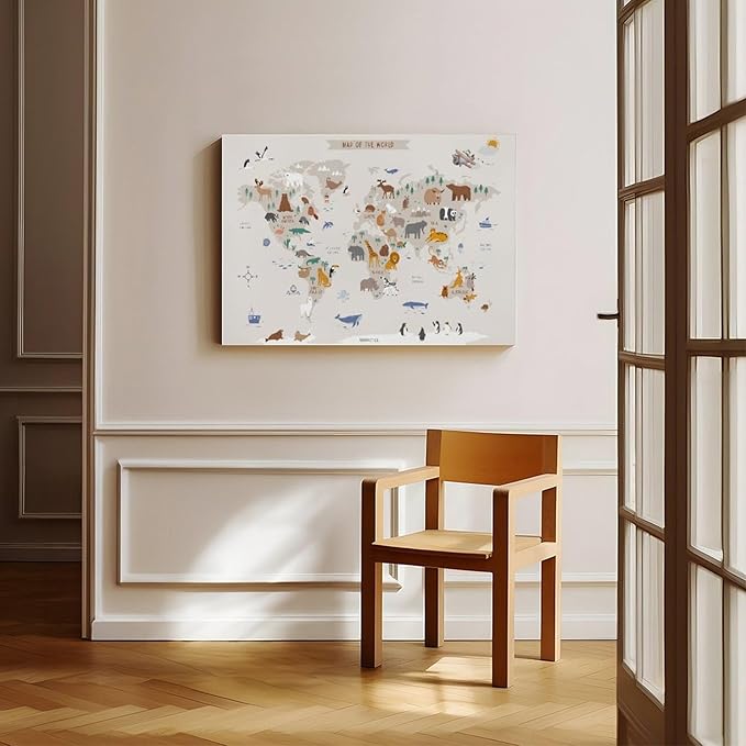 KIPNG Kids World Map - Playroom Animal World Map - Nursery Educational Poster Canvas Poster Wall Art Picture Paintings for Living Room Bedroom Decoration Frame-style16x24inch(40x60cm)