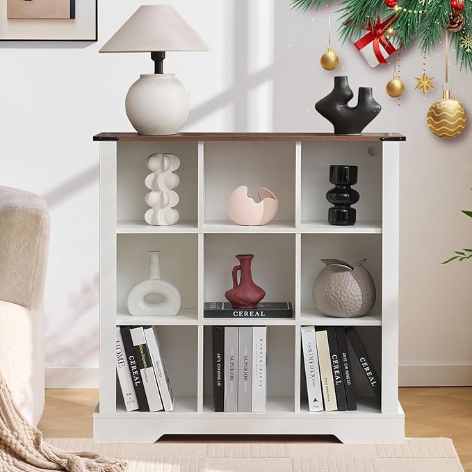 9 Cube Storage Organizer, 3 Tier Book Shelf with Led Lights, Farmhouse Book Shelves for Living Room, Horizontal Toy Storage Bookshelf, Wood Display Bookcase Cabinet for Bedroom, Office, White