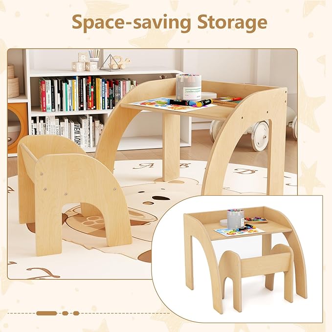 INFANS Kids Table and Chair Set, Wooden Activity Table for Toddlers Arts Crafts Drawing Reading Playing Building Block Drawing, Children Natural Furniture Set for Playroom Nursery