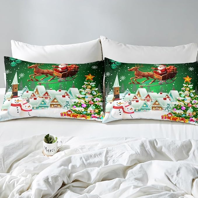 Manfei Christmas Duvet Cover Set Twin Size, Snowman Xmas Tree Comforter Cover with 1 Pillowcase, Santa Claus with Deer Bedding Set for Kids Boys Girls New Year Theme Bedspread Cover, No Comforter