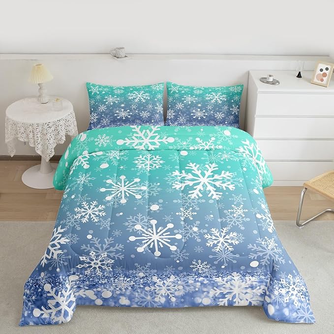 Feelyou Winter Snowflake Kids Comforter Set King Size Christmas Bedding Set Winter Holiday Duvet Quilt for Kids Boys Girls Bedroom New Year Decor Microfiber Ultra Soft Breathable