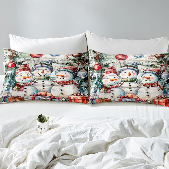 Cartoon Snowman Duvet Cover Set King Size,Xmas Tree Winter Snow Merry Christmas Bedding Set,Boys Girls Room Decor,Wooden Plank Rustic Comforter Cover,White Quilt Cover,2 Pillowcases,No Comforter
