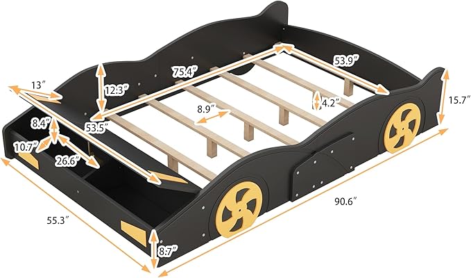 Harper & Bright Designs Full Size Race Car-Shaped Platform Bed with Wheels and Storage, Black+Yellow