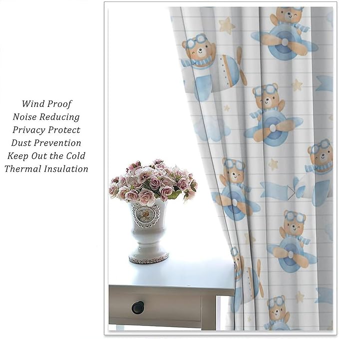 Cartoon Bear Curtains, Lovely Bear Adventure Airplane Blue White Stripe Blackout Window Treatments, Rod Pocket Thermal Insulated Drapes 2 Panel Sets for Kids Bedroom Nursery Classroom, 84"W X 84"L