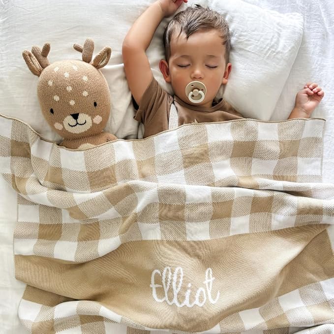 Personalized Gingham Name Blanket – 100% Organic Cotton Customized Baby Blanket, Custom Name, Bassinet 30x40, Gift for Baby Shower, Birthday Present, Girls and Boys, Toddlers Kids, Made In America