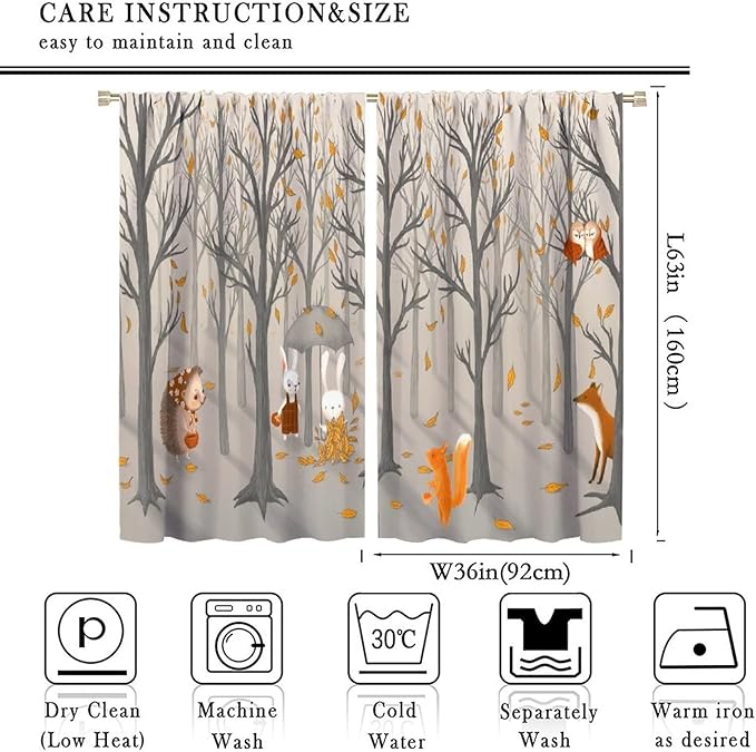 Kids Woodland Animal Window Curtains, Autumn Forest Hedgehog Rabbits Squirrel Fox Birds Blackout Rod Pocket Window Treatments Drapes for Boys Girls Bedroom 72x63in