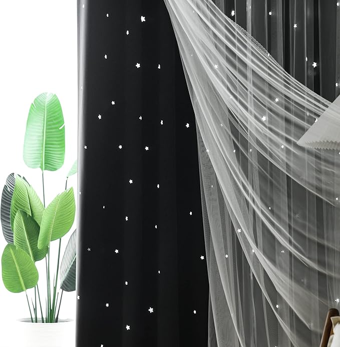 Kinryb Kids Blackout Curtains for Bedroom/Living Room/Classroom, Sheer Overlay 2 Free Tiebacks, Double Layer Curtains with Star Cutout for Kids Room(Each Piece W 70 x L 95 Inches 2 Pcs Black)