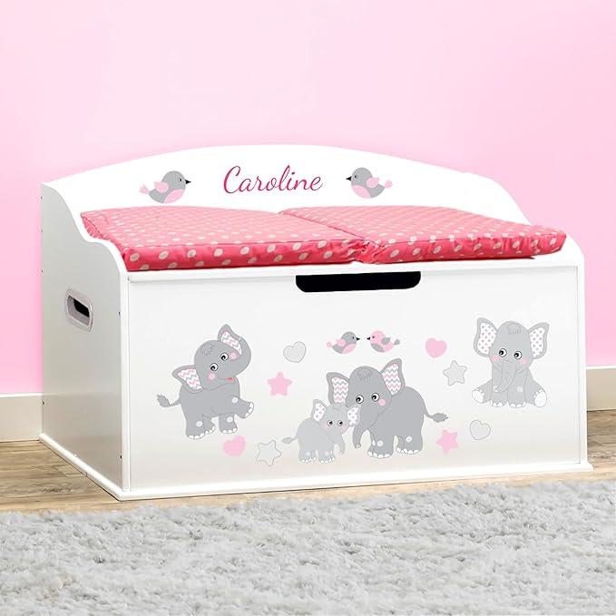 DIBSIES Personalized Creative Wonders Toy Box, Pink Elephants, 30 x 19.25 x 18 inches, Soft-Close Lid (White)