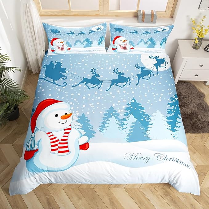 Manfei Snowman Duvet Cover Set Twin Size, Xmas Deer Trees Print Comforter Cover with 1 Pillowcase, Winter Snowflake Merry Christmas Bedding Set 2pcs for Kids Boys Girls Bedroom Decor,No Comforter
