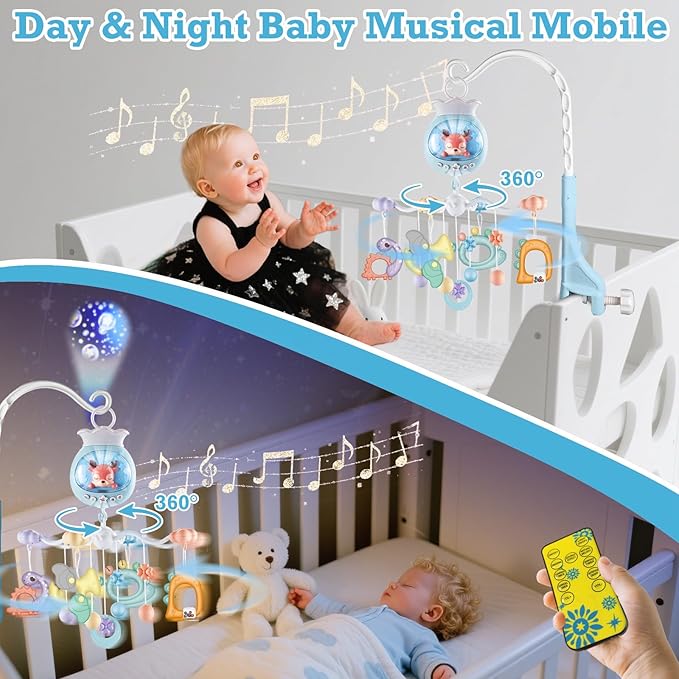 Crib Mobiles for Babies with Music, Rotatable Baby Mobile for Crib with Projection, Timing Function and Baby Rattles Toy, Baby Crib Toys Hanging for Boys Girls 3-12 Months (Blue)