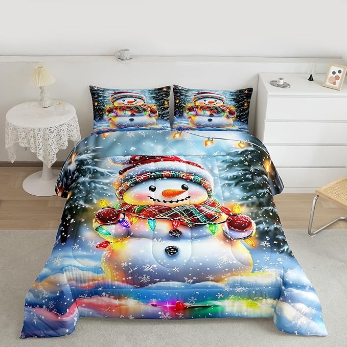 Lovely Snowman Kids Bedding Set Queen Size,Xmas Colorful Lanterns Snowflake Comforter Set,Winter Merry Christmas Quilt Comforter,Rainbow Bedroom Duvet Insert,2 Pillowcases
