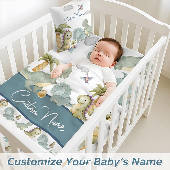 Personalized Baby Crib Bedding Set,3 Piece Custom Name Nursery Set with Blanket, Fitted Sheet & Pillowcase for Baby Girls & Boys, Dinosaur Forest Theme(Fixed Size)