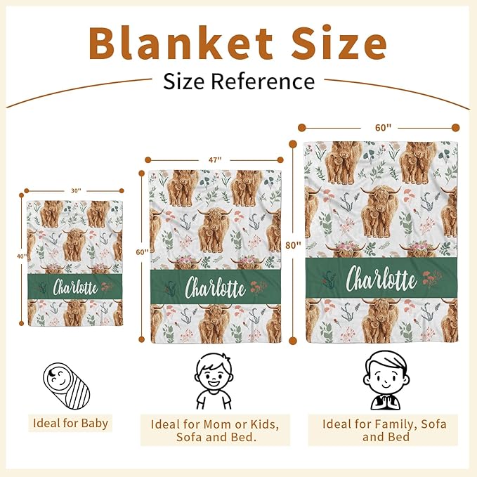 Personalized Baby Name Blanket for Boy Girl, Soft Flannel Blanket with Double Layer Dotted Backing for Infant Newborn, Nursery Crib with Floral Highland Cow Design, Gifts for New Mom(60" x80)