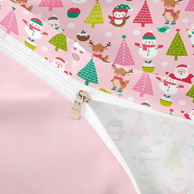 Christmas Bedding Set for Kids Boys Girls Cute Santa Claus Deer Comforter Cover Set Pink Christmas Tree Duvet Cover Bedroom Decor Kawaii Xmas Theme Bedspread Cover Queen Size Bedding Collection 3Pcs