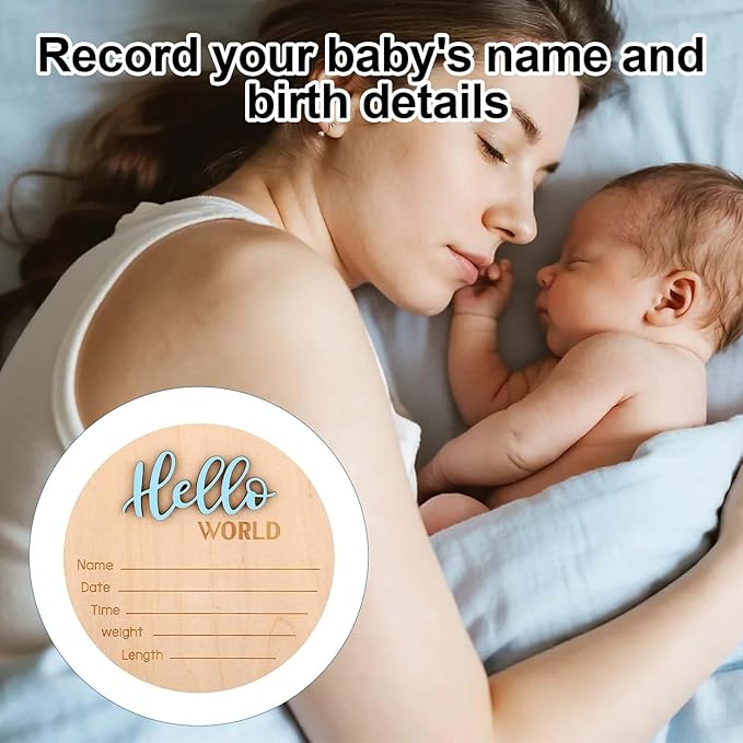 Newborn Announcement Sign, 15cm/5.9in Wooden Hello World Newborn Sign Birth Baby Name Plaques for Boys and Girls Baby Shower Photo Props or Hospital Nursery Decor (Blue)