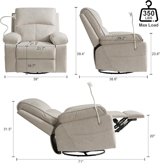Nursing Rocking Chair for Breastfeeding, Swivel Rocker Nursery Glider Recliner with Adjustable and Removable Phone Holder for Living Room,Nursery Room, Baby Essentials,Beige