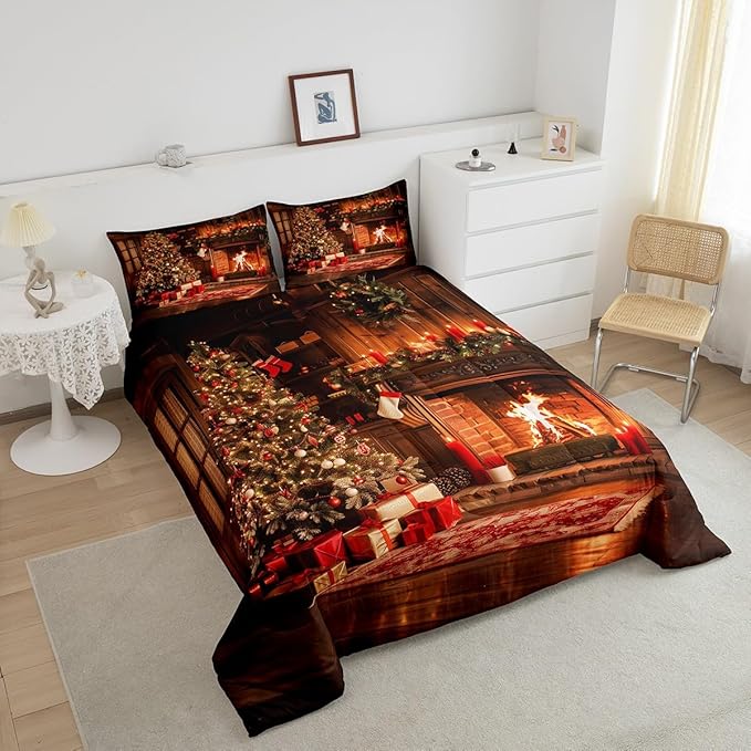 Xmas Theme Bedding Set Full Size, Vintage Christmas Fireplace Tree Comforter Set for Kids Boys Girls Room Decor, Merry Christmas Duvet Insert 3Pcs, Pine Tree Luxury Quilt Set, 2 Pillowcases
