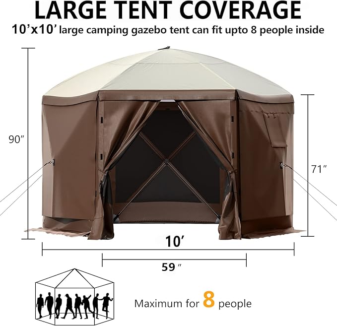 10 x 10 FT Gazebo Tent, Pop Up Design Camping Gazebo Tent, 6-Sided Pop-up Canopy Shelter Tents Portable 8 Person Gazebos Screen Tents for Camping and Backyard Activities